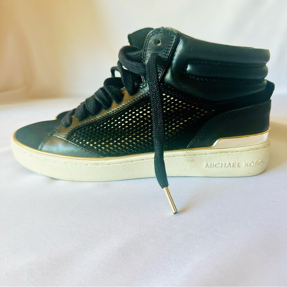 Michael Kors Black Leather Sneakers with Gold Highlights - Picture 4 of 9